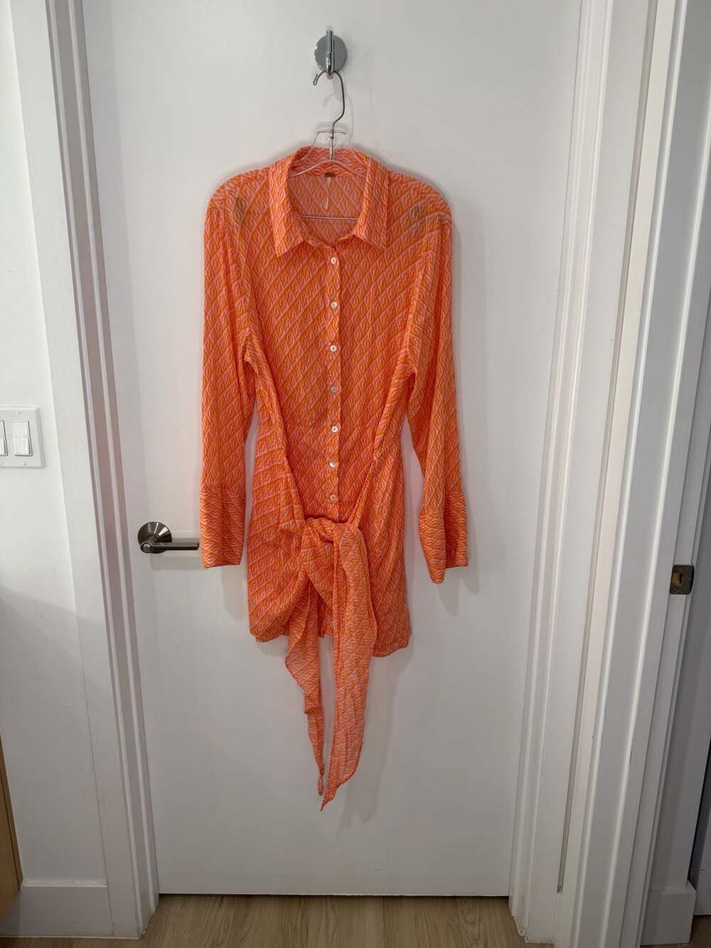 Free People Rillo Orange Graphic Print Long Sleeve Tie-Front Mini Shirtdress